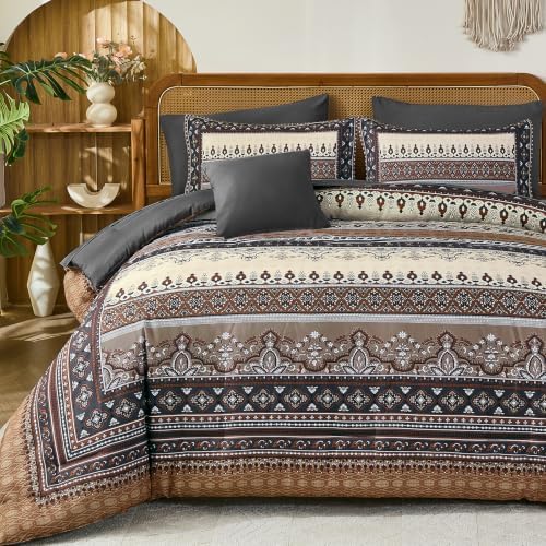 Boho Comforter Set Queen Size,8 Pieces Brown Black Striped Bedding Set
