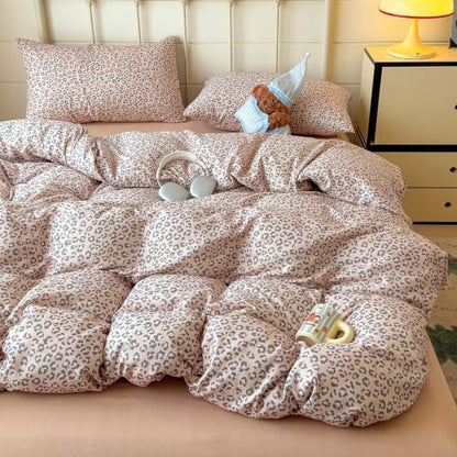 mixinni Light Brown Leopard Print Duvet Cover Set Twin XL Size, 3PCs Cute Animal Cheetah Bedding, 100% Cotton Double Gauze Soft Aesthetic Pink Black Bedding Set with 2 Pillowcases for Girls Women