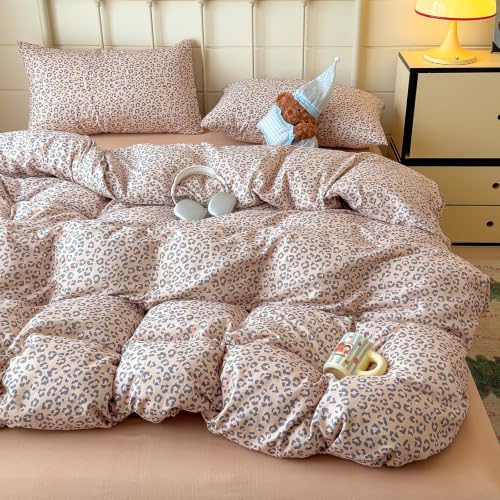mixinni Light Brown Leopard Print Duvet Cover Set Full Size, 3PCs Cute Animal Cheetah Bedding, 100% Cotton Double Gauze Soft Aesthetic Retro Pink Black Bedding Set with 2 Pillowcases for Girls Women