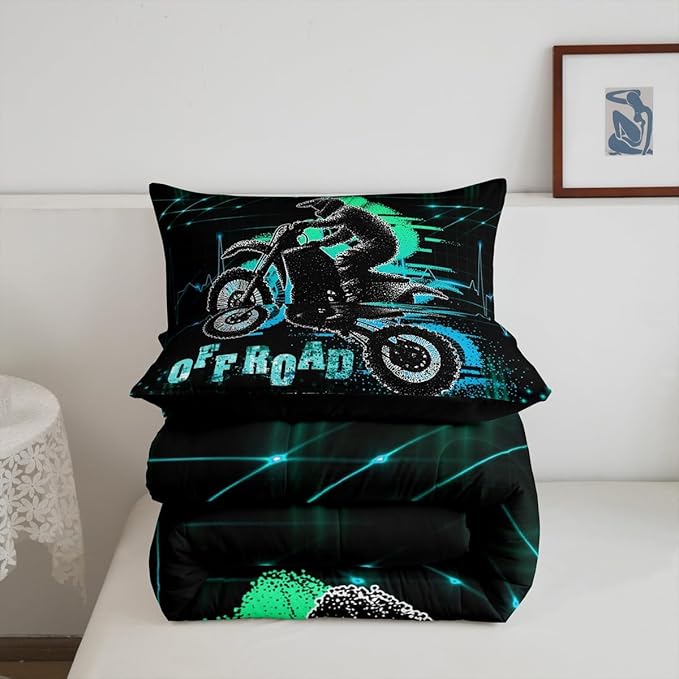 Feelyou Dirt Bike Comforter Set King Size Extreme Sports Comforter Racing Motocross Rider Bedding Set Motorcycle Duvet Set Room Decor Blue Green Quilt Set