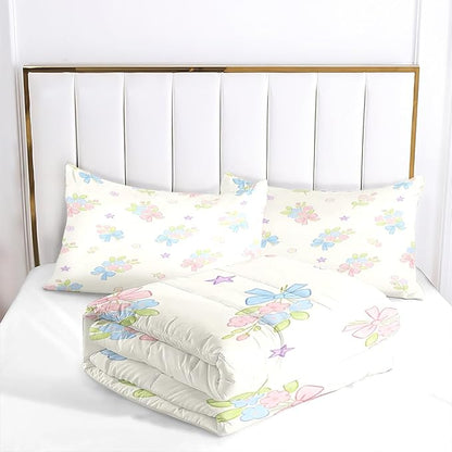 3Pcs Girls Kids White Pink Botanical Flowers Bedding Set, Blue Cartoon Bows Comforter Set Queen Size, Bed Set for Girls Bedroom Decor with Comforter (90" x 90") and 2 Pillowcases