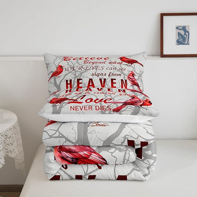 Feelyou Cardinal Bird Comforter Set King Size Farmhouse Red Birds Bedding Set for Girls Boys Women Men Tree Branches Decor Comforter Nature Comforter with 2 Pillow Case