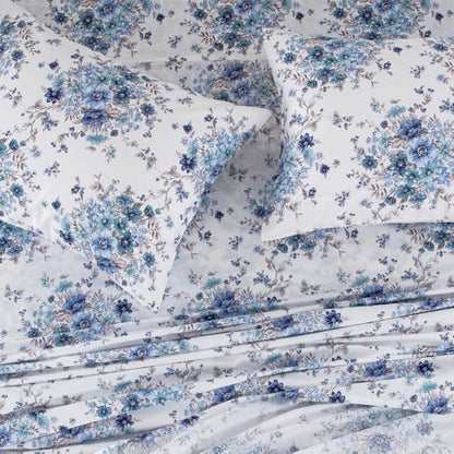 DAUAOTO Queen Size Printed Sheets Set, 100% Cotton Bedding Sets, Up to 14" Deep Mattress, Floral Pattern Bedlinen Set, French Blue