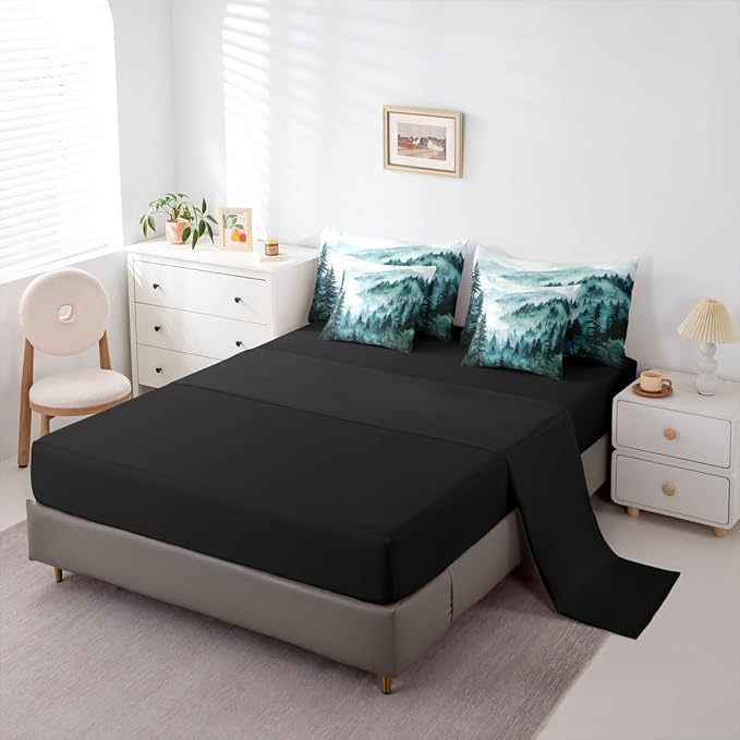 Erosebridal Green Teal Misty Forest Full Comforter Set with Sheets 7 Piece Mountain Foggy Woodland Bed in A Bag Rustic Pine Tree Bedding Sets for Kids Adults,Watercolor Nature Theme Bed Set