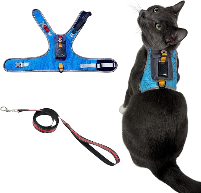 Travel CAT The Pathfinder Cat Harness with GPS Tracker Pocket - Powered by Tractive Cat Harness Escape Proof - Walking Escape Proof Harness for Small, Large Cat, Kitten (Blue, Large)