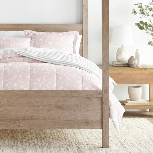 LINENS & HUTCH Comforter Set Patterned Microfiber All Season Down-Alternative Ultra Soft Bedding in Pressed Flowers - Full/Queen Pressed Flowers Pink