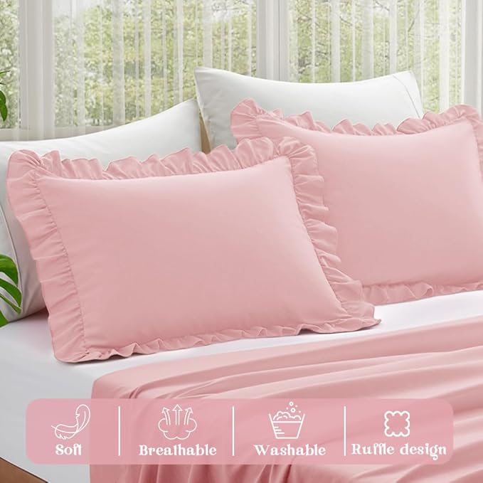 KKJIAF Ruffle Pillow Cases Queen Size Set of 2, Ruffled Pillow Covers with Envelope Closure, Wrinkle Resistant Pillowcases 20" x 30", Ruffled Pillow Shams, Light Pink