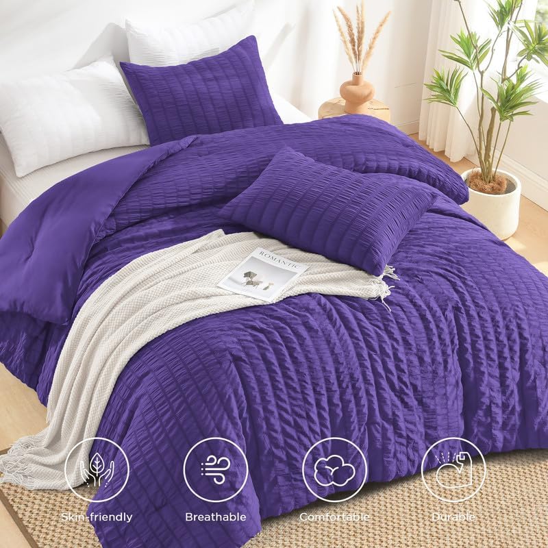AveLom Dark Purple Seersucker King Comforter Set (104x90 inches), 3 Pieces-100% Soft Washed Microfiber Lightweight Comforter with 2 Pillowcases, All Season Down Alternative Comforter Set for Bedding