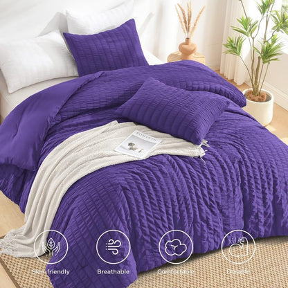 AveLom Dark Purple Seersucker King Comforter Set (104x90 inches), 3 Pieces-100% Soft Washed Microfiber Lightweight Comforter with 2 Pillowcases, All Season Down Alternative Comforter Set for Bedding