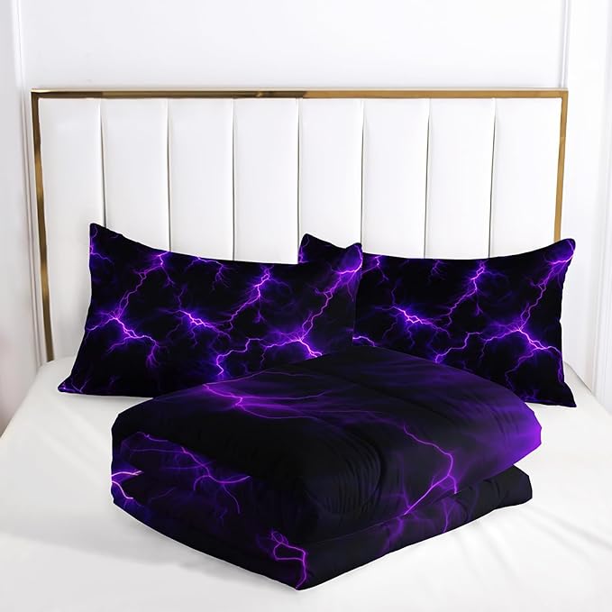 Violet Lightning Comforter Set Queen Thunder Bedding Sets 3PCS for Kids Teen Adult Violet Room Decor Ultra-Soft Lightweight Microfiber 1 Comforter with 2 Pillowcases