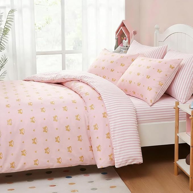 Pink Comforter Set Full Gold Heart Butterfly Bedding Set for Girls Kids, Reversible Pink White Wide Striped Pattern, Coquette Comforter 3 Pieces, with 2 Pillowcases, Soft 100% Microfiber