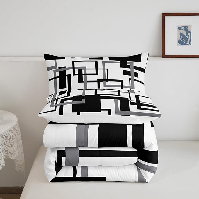 Erosebridal Grid Comforter for Kids Boys Girls,Black and White Bedding Set Queen,Geometric Pattern Quilt Set Ultra Warm,Buffalo Check Art Duvet Insert with 2 Pillow Shams Bedroom Decor