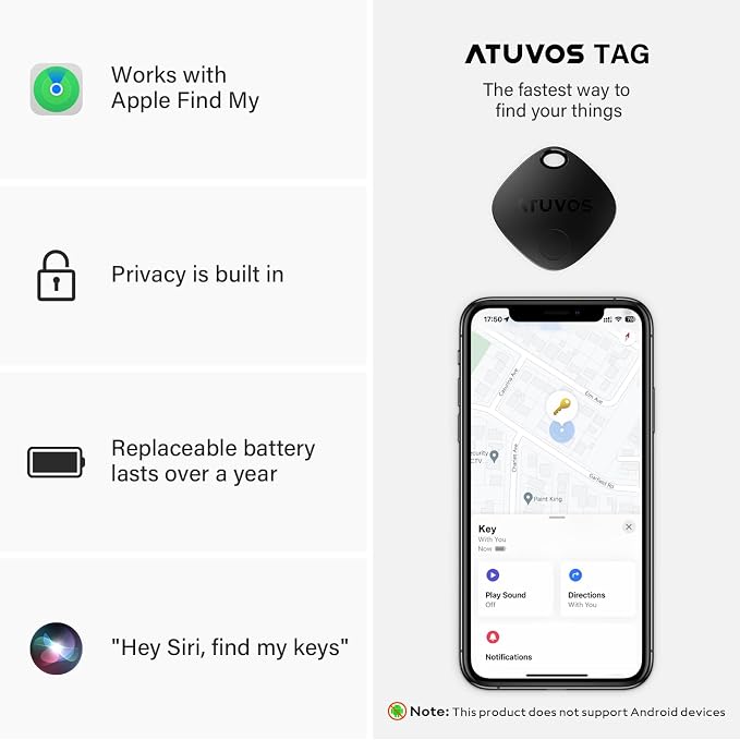 ATUVOS Air Tracker Tag-1 Pack, Bluetooth Luggage Tracker Works with Apple Find My APP (iOS Only, Not for Android), Keys Finder and Item Locator for Luggage, Backpack, Suitcases, Replaceable Battery