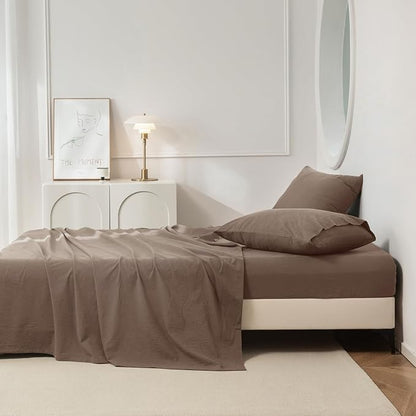 JIYUAN California King Size Sheet Set, 4-Piece - 100% Washed Cotton, Linen-Like Soft & Breathable, Includes Deep Pocket Fitted & Flat Sheet with 2 Pillowcases, Hotel Quality, Solid Light Brown