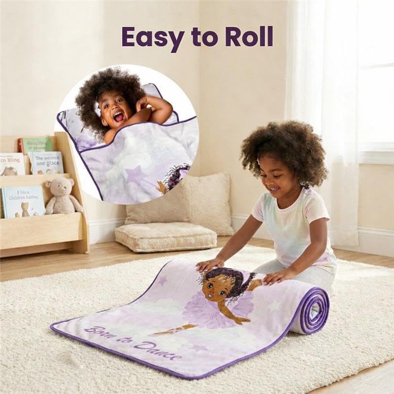 EVERYDAY KIDS Toddler Nap Mat with Removable Pillow - Born to Dance African American Ballerina - Carry Handle with Straps Closure, Rollup Design for Preschool, Daycare, Sleeping Bag - Ages 2-6 Years
