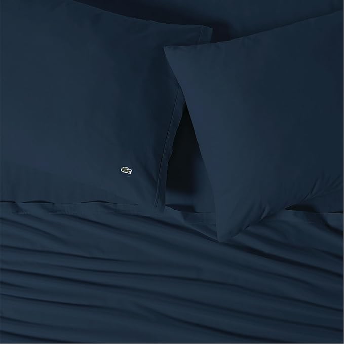 Lacoste 100% Cotton Percale 4-Piece Sheet Set – Cool, Crisp, Matte, and Durable, Oeko-Tex Certified – Solid, Navy, King