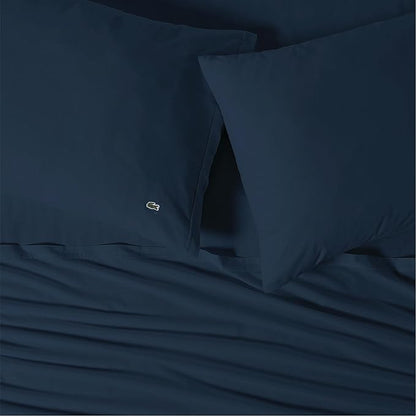 Lacoste 100% Cotton Percale 4-Piece Sheet Set – Cool, Crisp, Matte, and Durable, Oeko-Tex Certified – Solid, Navy, King