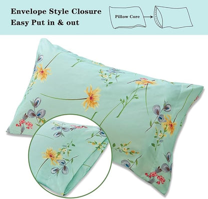 JSD Green Floral Printed Sheet Set Twin Size, 3 Piece Soft Botanical Microfiber Sheets Extra Deep Pocket