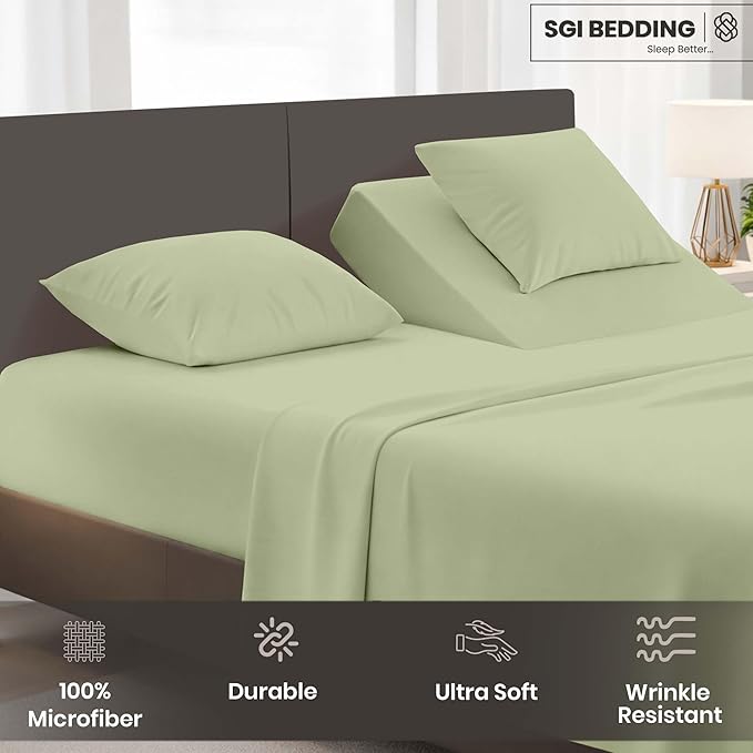 SGI bedding Adjustable Split Head Flex Top Cal King 28" Microfiber Sheet Set Ultra Soft, Cooling & Deep Pocket 15 Fitted, 4-Piece Breathable & Durable Bedding Set for Split Cal King Beds -Sage