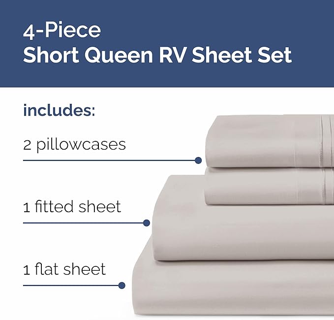 Short Queen Size 4 Piece Sheet Set - RV Short Queen, Soft, Breathable & Cooling Bed Sheets Set w/ Deep Pockets - Hotel Luxury Bedding for Women, Men, Kids, Teens, Boys & Girls - Oeko-Tex - Light Grey
