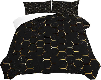 Geometric Comforter Set Twin Size Black and Gold Honeycomb Bedding for Kids Girls Boys Bedroom Decor Quilt Bed Sets, 1 Comforter 1 Pillowcase