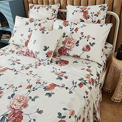FADFAY Sheets Set King Shabby Beige Floral Bedding Elegant Peony Sheets Set Vintage Flower Bedding Collections Soft 100% Egyptian Cotton 800 Thread Count Deep Pocket Fitted Sheet, 4Pcs-King Size