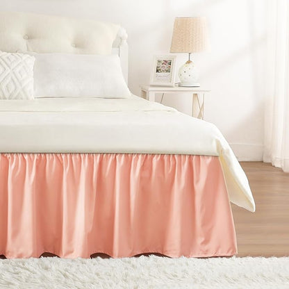 RIMELA Peachy Coral Bed Skirt Queen Size 15 Inch Drop, Elastic Bed Skirting for Bed Base and Frame, Bedding Dust Ruffle Easy to Install, Wrap Around Adjustable Bedskirt