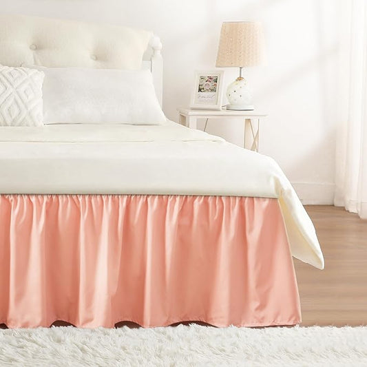 RIMELA Peachy Coral Bed Skirt King Size 15 Inch Drop, Elastic Bed Skirting for Bed Base and Frame, Bedding Dust Ruffle Easy to Install, Wrap Around Adjustable Bedskirt