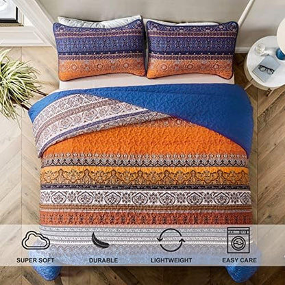 WONGS BEDDING Boho Queen Quilt Bedding Set, 3 Pieces Bedspread, Blue Orange