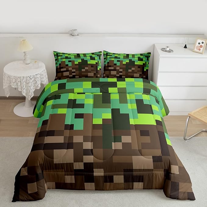 Miners Pixel Checked Comforter Set King Size,Video Games Check Lattice Kids Bedding Set,Game Cartoon Gamepad Quilt Comforter,Green Brown Duvet Insert,2 Pillowcases