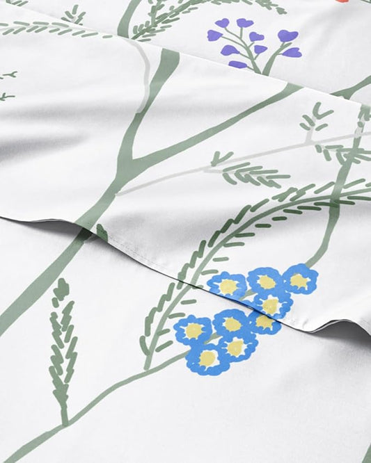 Floral Sheets - Boho Queen Bed Sheet Set - 1 Flat, 1 Fitted & 2 Pillowcases w/ Deep Pockets - Comfy, Wrinkle & Fade Free - Boho Botanical Bedding - Ultra-Soft, Breathable & Cooling - Queen Size Set