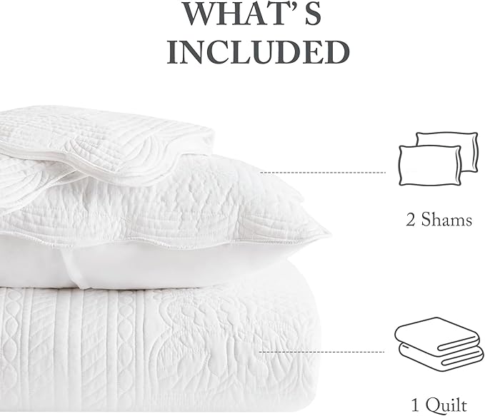 Madison Park King Quilt Set Damask Coverlet Set for King Size Bed, Cottage Oversized Quilt Set, Scallop Edge, All Season, Pre-washed Cotton-Filled King Size Quilt, Tuscany, King/Cal King White 3 Piece