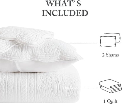 Madison Park King Quilt Set Damask Coverlet Set for King Size Bed, Cottage Oversized Quilt Set, Scallop Edge, All Season, Pre-washed Cotton-Filled King Size Quilt, Tuscany, King/Cal King White 3 Piece