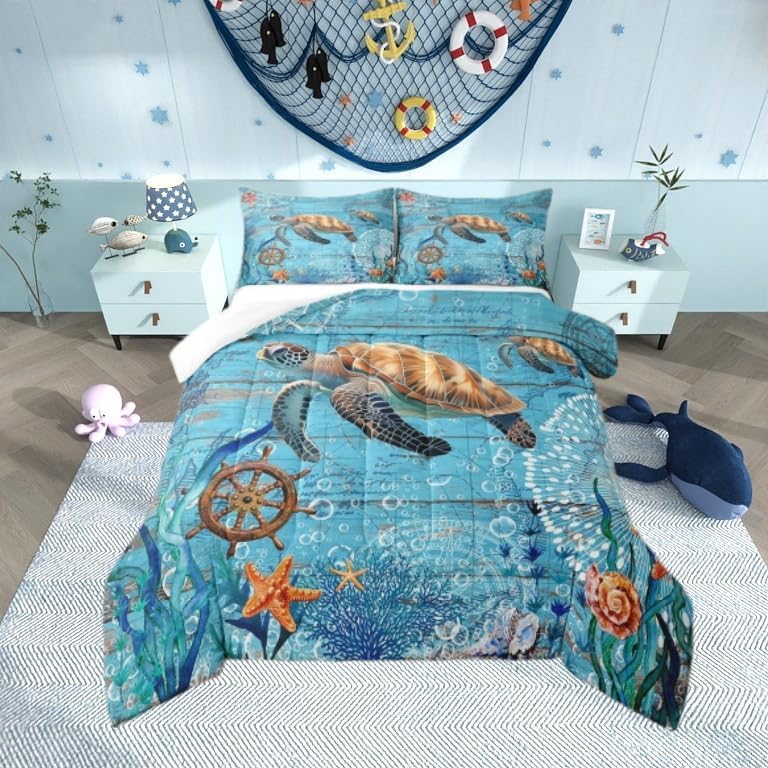 3D Sea Turtle Comforter Set for Teens Nautical Theme Bedding Set Anchor Compass Bedding Home Decor Kids Boys Comforter Twin Size 2 Pcs Ocean Marine Life Quilted Duvet Set 1 Comforter with 1 Pillowcase