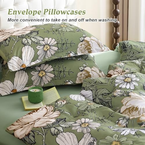 Luxudecor King Comforter Set 7 Pieces Bedding Sets,Olive Green Floral Comforter and Sheet Set,Soft Microfiber Bed in a Bag for All Seasons (Olive Green,104"x90")