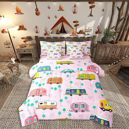 Erosebridal Kids Travel RV Comforter Set Full Size,Camping Themed Bedding Set for Kids Teens,Cartoon Trees (Comforter+Fitted+Flat Sheet+2 Pillowcases+2 Throw Pillow Covers) 7 Pieces Bed Set