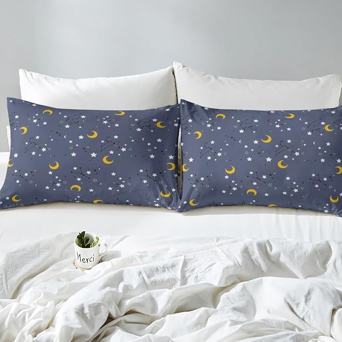 Erosebridal Stars Constellation Kids Bedding Navy Blue Grey Galaxy Space Twin Comforter Set for Boys Girls Moon Zodiac Print Bedding Comforter Sets, Cartoon Style Quilt 2Pcs, 1 Comforter 1 Pillowcase