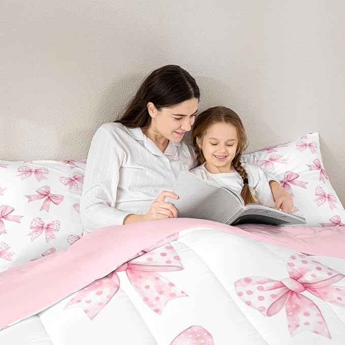 Erosebridal Pink Bow Kids Bedding | Coquette Bowknot Full Comforter Sets,Princess Girls Ribbon Bowtie Comforter Watercolor Cute Duvet Insert with 2 Pillow Cases