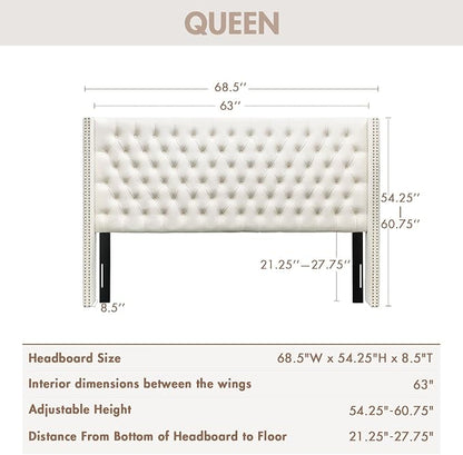 Madison Park Queen Wingback Upholstered Tufted Headboard, Featuring High-Density Sponge Padding, Adjustable Height Headboard, Easy Assembly, Beige Velvet