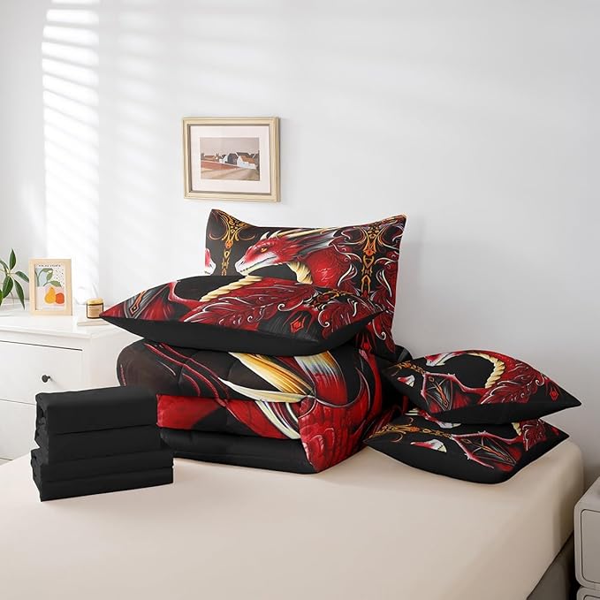 Erosebridal 3D Dragon Bed in a Bag Queen Comforter Set 7 Piece,Vintage Gothic Red Dragon Bedding Sets Antique Wildlife Mythical Animal Sheet Set with Comforter