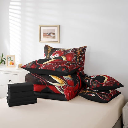 Erosebridal 3D Dragon Bed in a Bag Queen Comforter Set 7 Piece,Vintage Gothic Red Dragon Bedding Sets Antique Wildlife Mythical Animal Sheet Set with Comforter