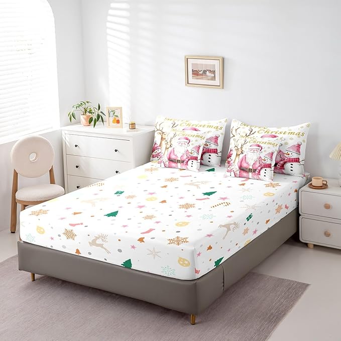 Castle Fairy Cute Santa Claus 7 Pieces Bedding Set Queen Bed in a Bag,Winter Snowman Deer Watercolor Christmas Theme Comforter Set,Geometric Snowflakes Gold Print Soft Warm Microfiber Bedding