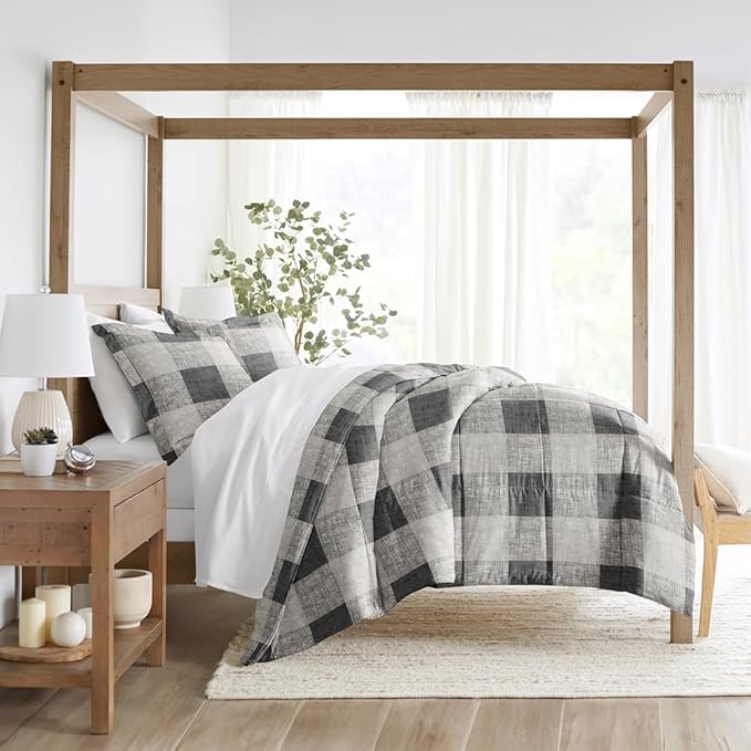 LINENS & HUTCH Comforter Set Patterned Microfiber All Season Down-Alternative Ultra Soft Bedding in Gingham - Twin/TwinXL Gingham Gray