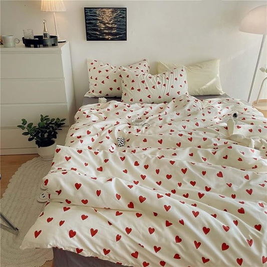Nayoroom Heart Duvet Cover Queen Size Cute Red Love Heart Printed on White Bedding Set 3Pcs Kids Girls Kawaii Heart-Shaped Pattern Comforter Cover with Zipper Closure Soft Breathable Microfiber