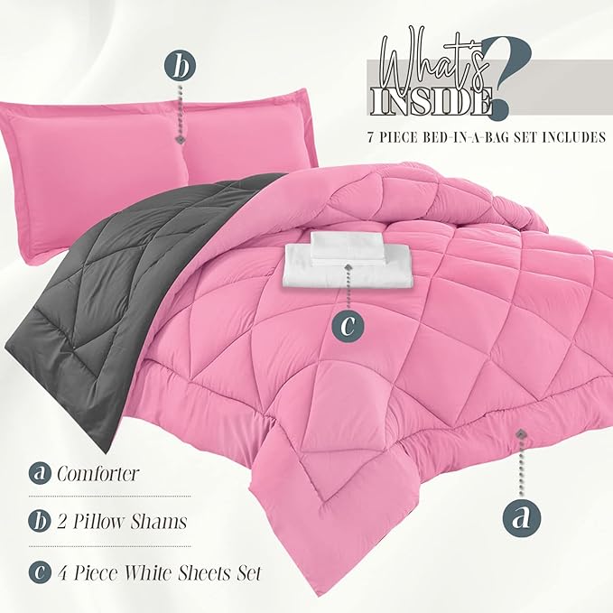 Elegant Comfort 7-Piece Bed-in-a-Bag Comforter & Sheet Set- Luxury 1500 Thread Count 7-Piece Cali King Size Bed-in-a-Bag, Cozy Bed Sheets and Comforter Set, Wrinkle and Stain Resistant, Pink/Gray