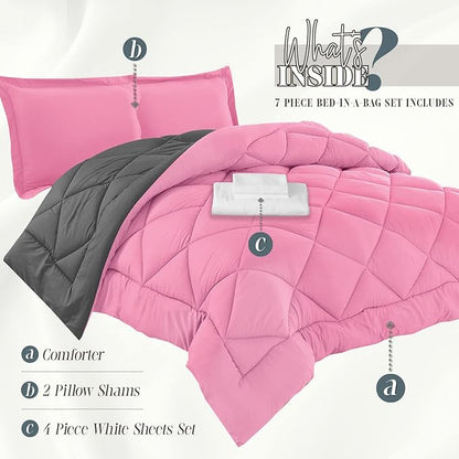 Elegant Comfort 7-Piece King Size Bed-in-a-Bag - Luxury 1500 Thread Count Comforter & Sheet Set, Super Cozy, Wrinkle and Stain Resistant, Pink/Gray