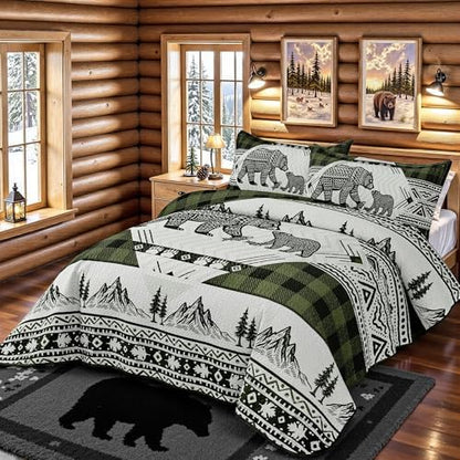 3 Piece Cabin Full/Queen Quilt Sets Farmhouse Rustic Reversible Microfiber Soft Lightweight Bedspread Comforter with 2 Shams Patchwork Country Lodge Bedding Quilts Set for All Season, 90''x96'', Green