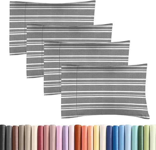 Standard Pillow Cases Set of 4 - Soft Hotel Quality Pillowcase Covers - Comfy, Cozy Bedding for Women, Men, Kids & Teens - Machine Washable Pillow Protectors - 4 Piece - Standard Size Grey Stripes