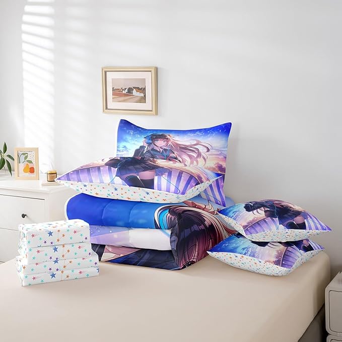 Erosebridal Anime Girl Comforter Set Queen Size 7 Piece, Japanese Anime Bedding Set with Sheet Set for Kids Boys Teens Bedroom Decor, Cartoon Girl Bed in A Bag Kawaii Japanese Animation Decor