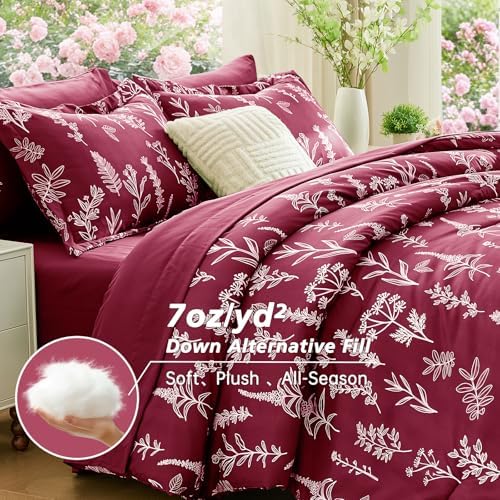 MUXHOMO Burgundy Full Comforter Set, Elegant Floral Print Bed in a Bag 7 Pieces, Ultra Soft & Breathable Reversible Botanical Pattern Bedding Set with Comforter, Sheets, Pillowcases, and Shams